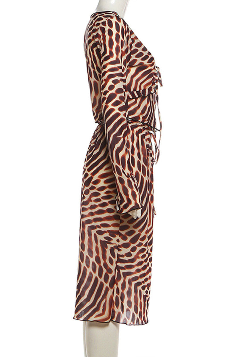 Animal Print Tie Front Long Sleeve Skirt Set