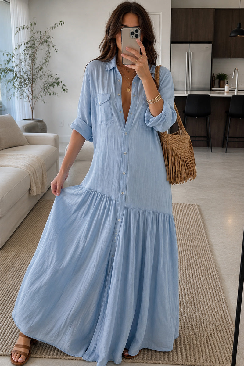 Button Down Collar Tiered Maxi Casual Dress
