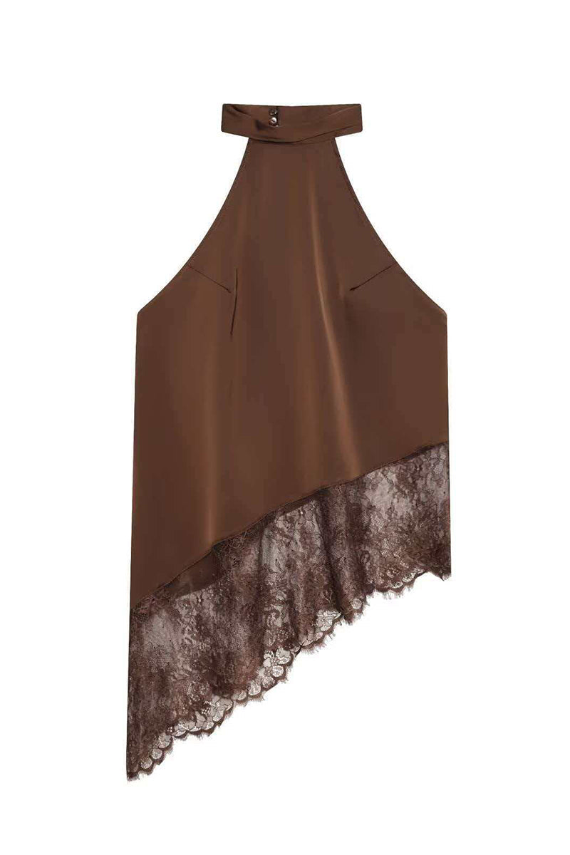 Asymmetric Halter Lace Trim Tank Top