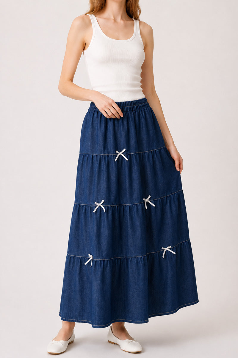 Bow Embellished Denim Skirt