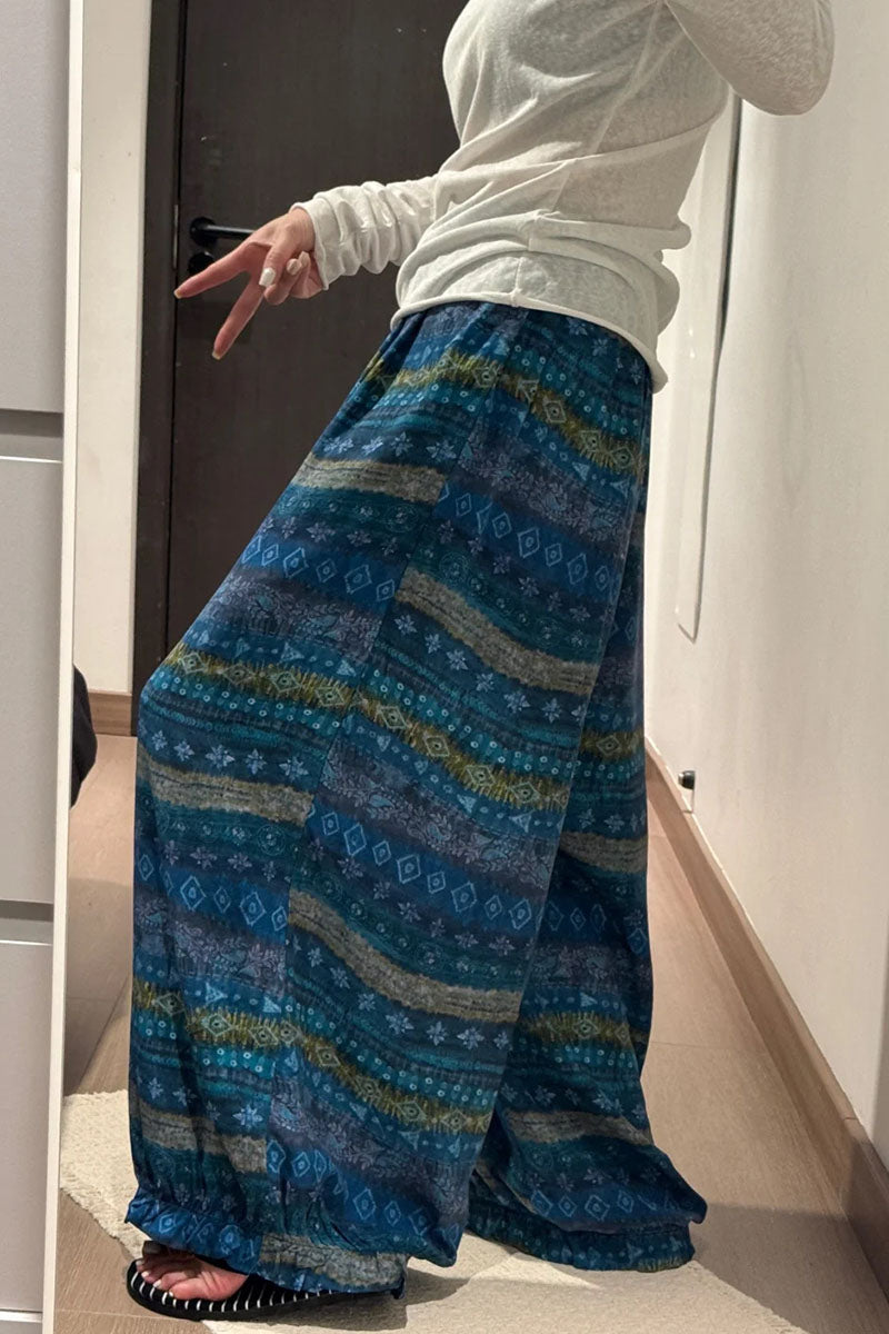 Bohemian Print Ruffle Wide-Leg Pants