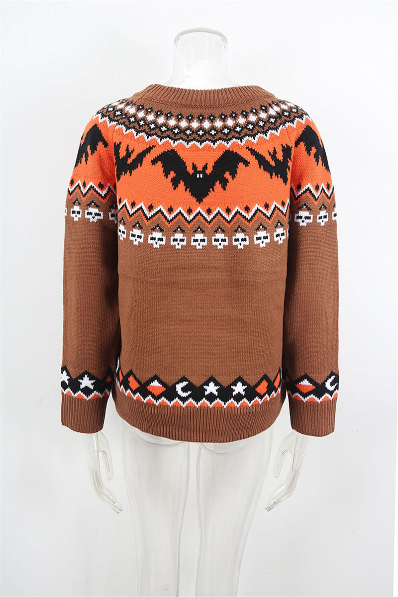 Bat Print Crew Neck Knit Sweater