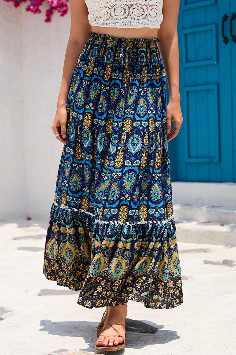 Boho Print Elastic Waist Midi Skirt