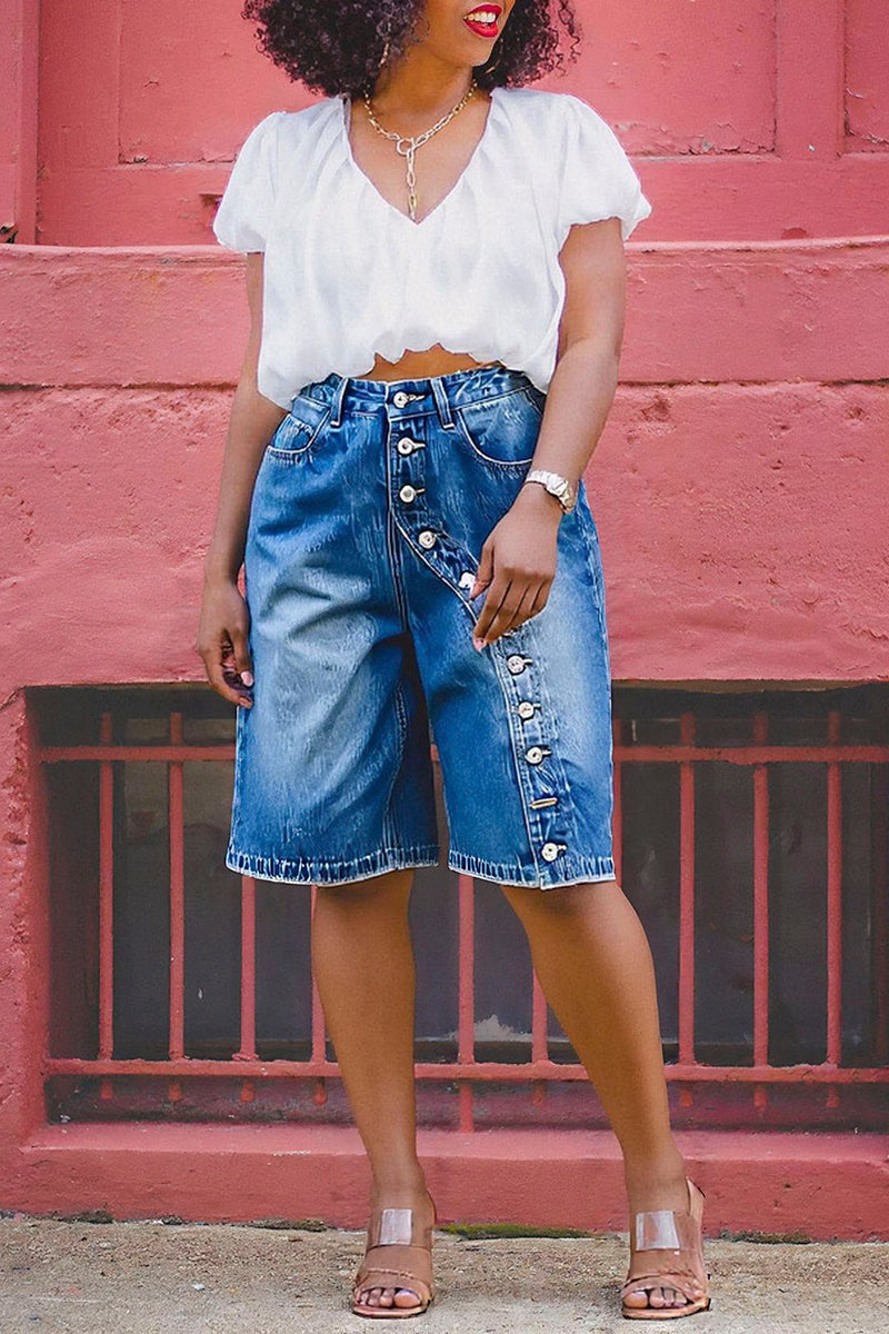 Button Accent Denim Shorts