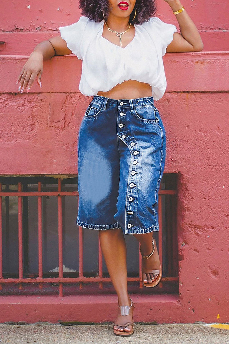 Button Accent Denim Shorts