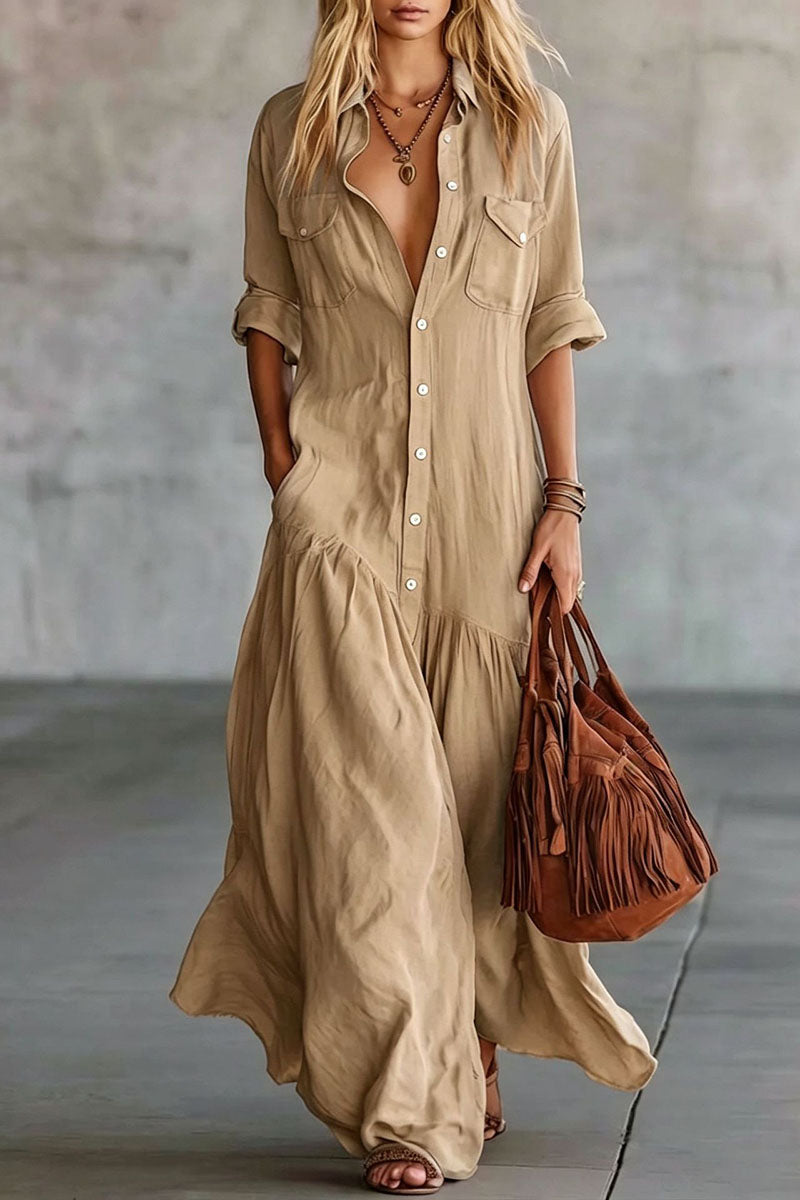 Button Down Collar Tiered Maxi Casual Dress