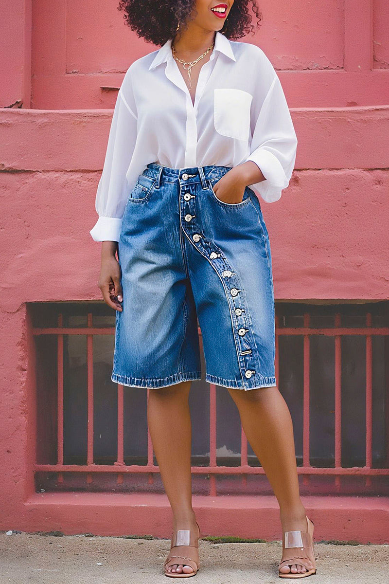 Button Accent Denim Shorts