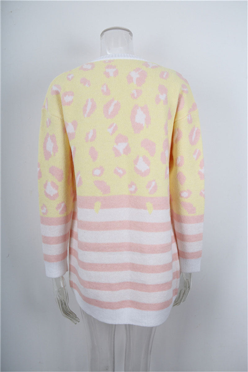 Animal Print Striped Open Front Cardigan