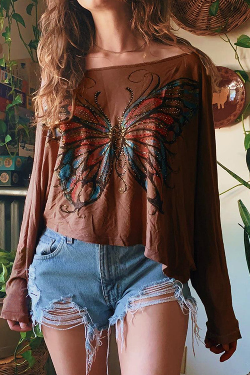Butterfly Print Off-Shoulder Tee