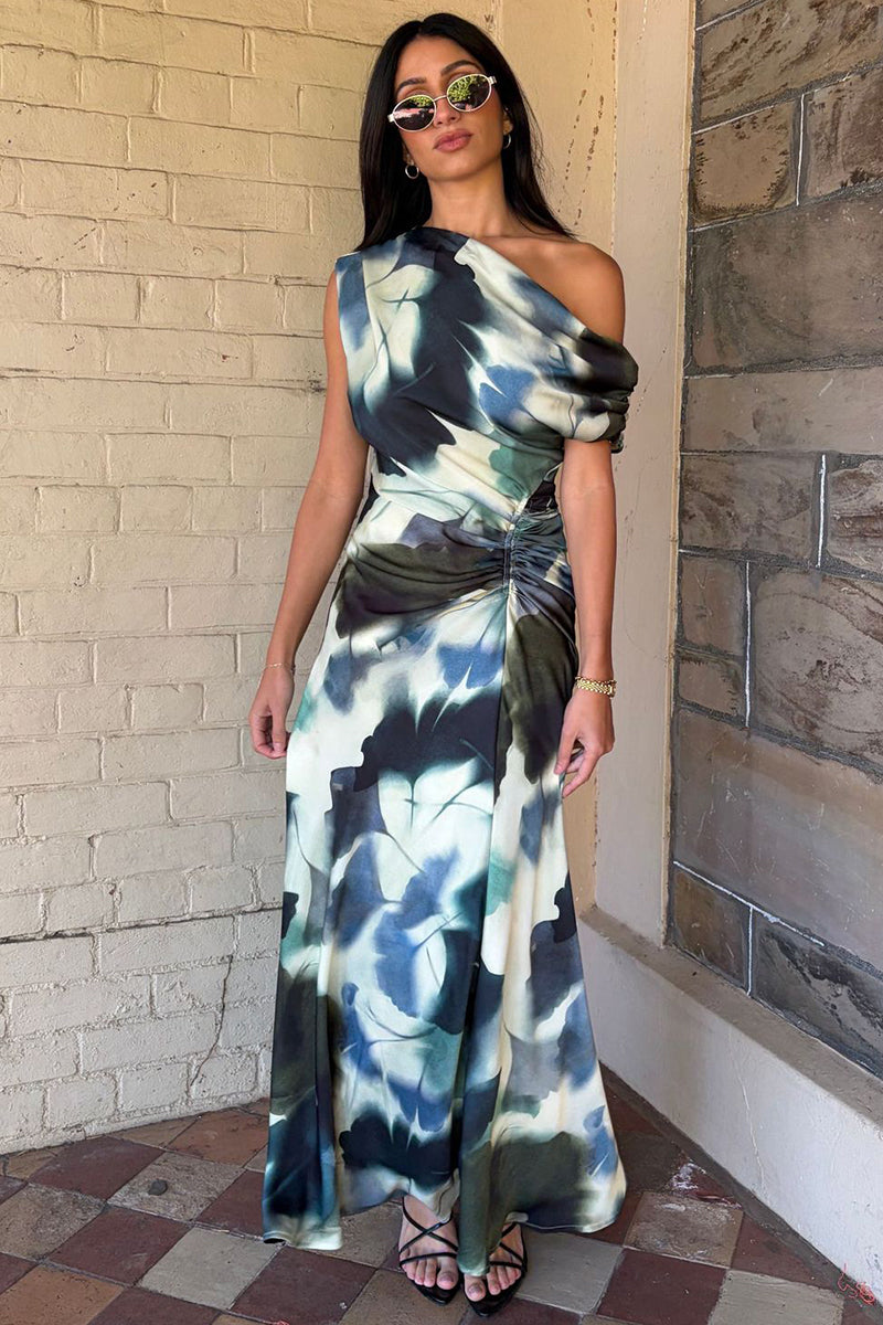 Asymmetrical Off-Shoulder Print Dress