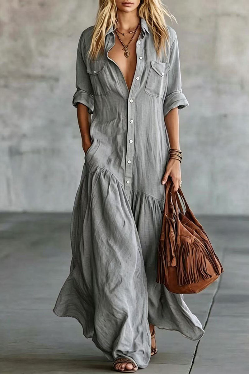 Button Down Collar Tiered Maxi Casual Dress