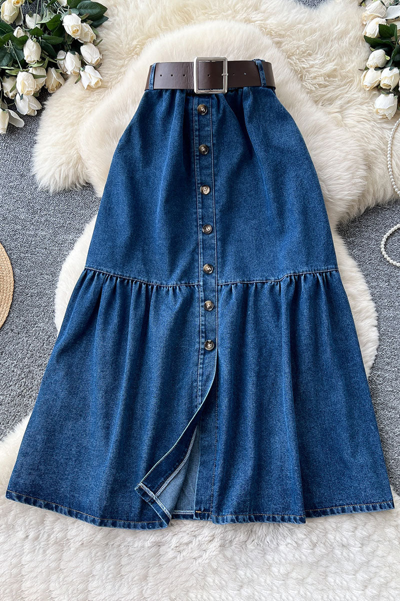 Button Front Slit Denim Skirt