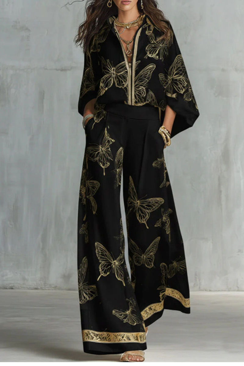 Butterfly Print Zip Front Wide Leg Pants Set