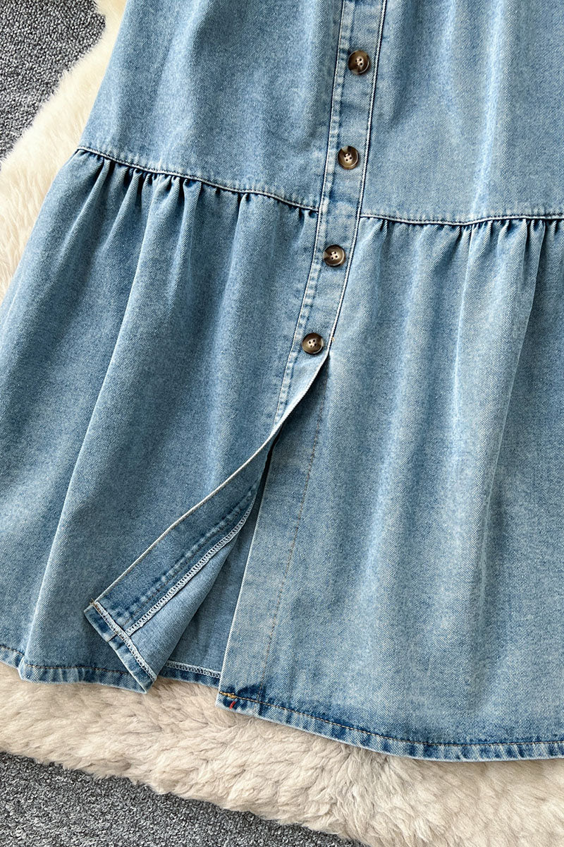 Button Front Slit Denim Skirt
