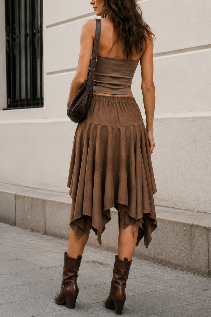 Asymmetric Ruffle High-Waist Midi Skirt
