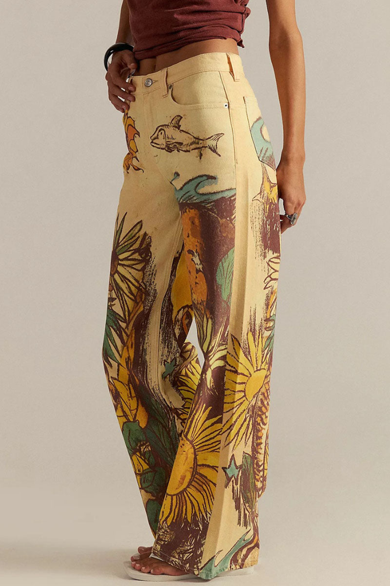Animal Floral Print Straight Jeans