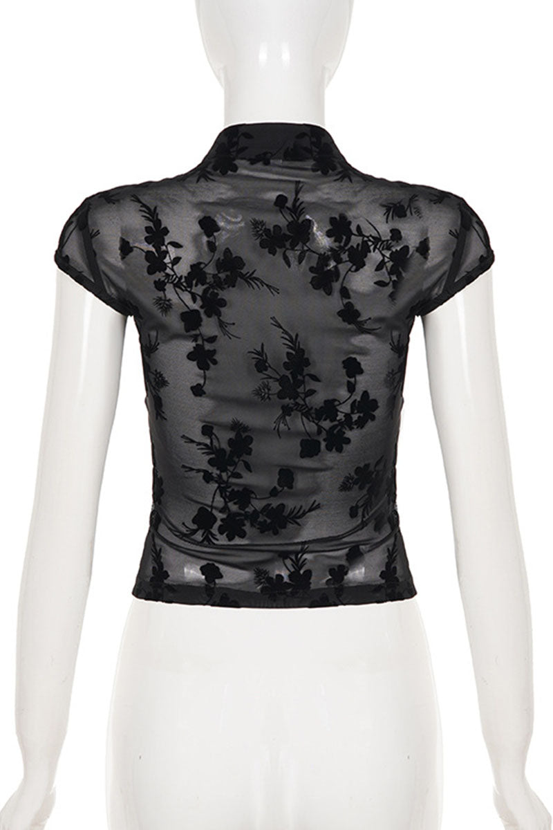 Button Floral Sheer Top