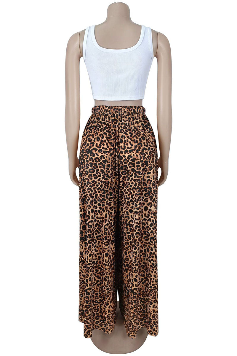 Animal Print Drawstring Wide Leg Casual Pants