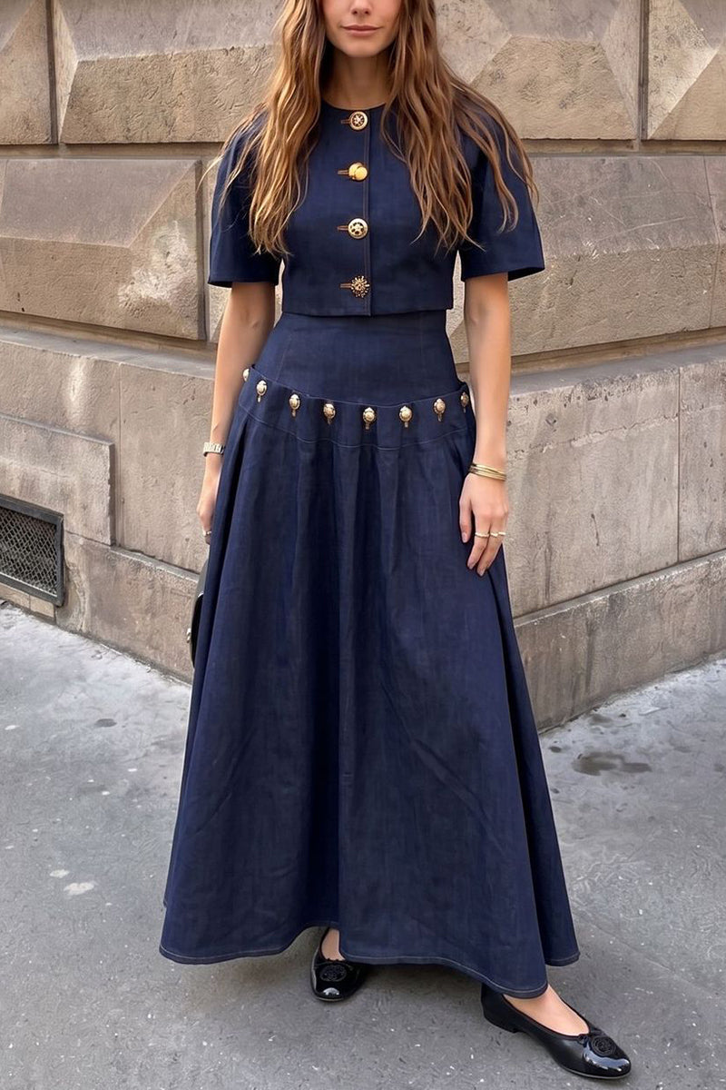 Button-Detail Short Sleeve Skirt Set