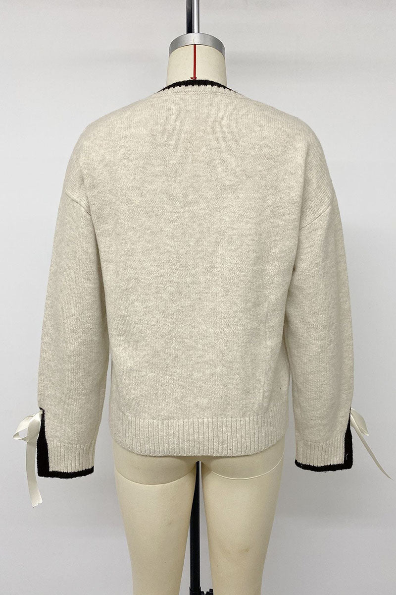 Bow Tie Cuff Crew Neck Knit Sweater