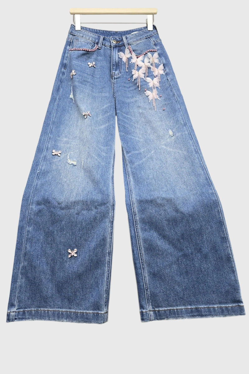 Butterfly Embellished Wide Leg Jeans