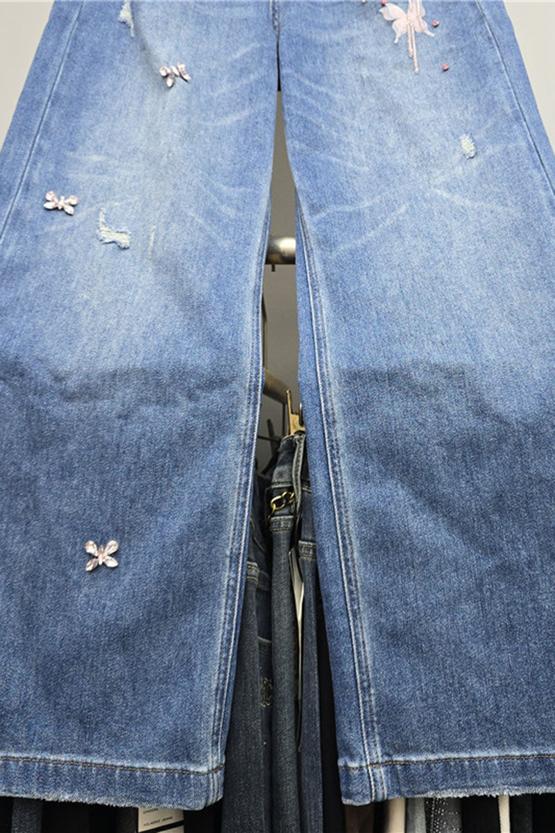 Butterfly Embellished Wide Leg Jeans