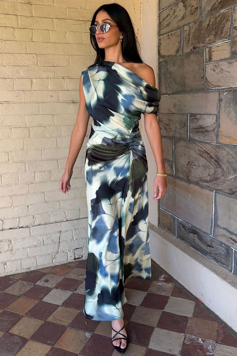 Asymmetrical Off-Shoulder Print Dress