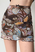 Butterfly Print Sheer Ruched Mini Skirt