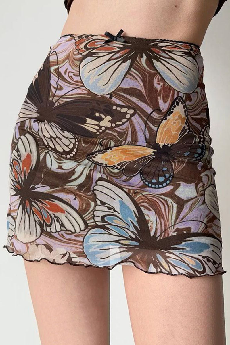 Butterfly Print Sheer Ruched Mini Skirt