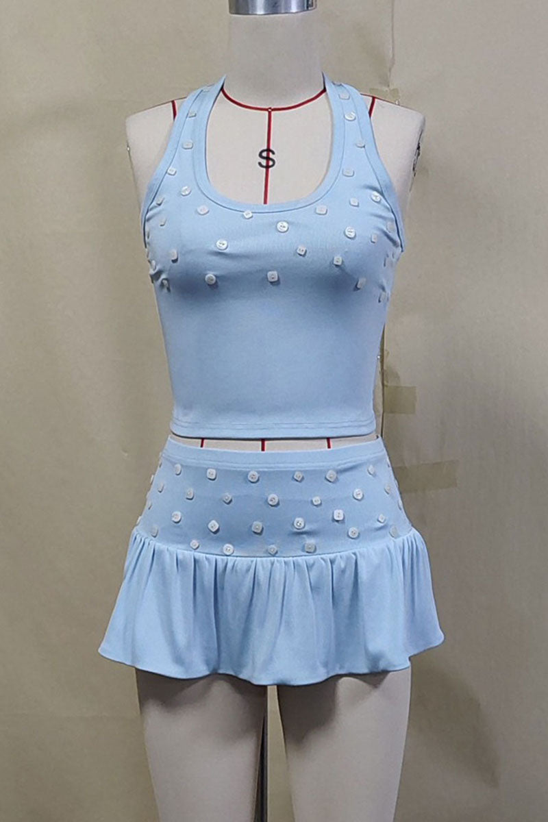 Button Detail Halter Crop Top and Ruffle Skirt Set