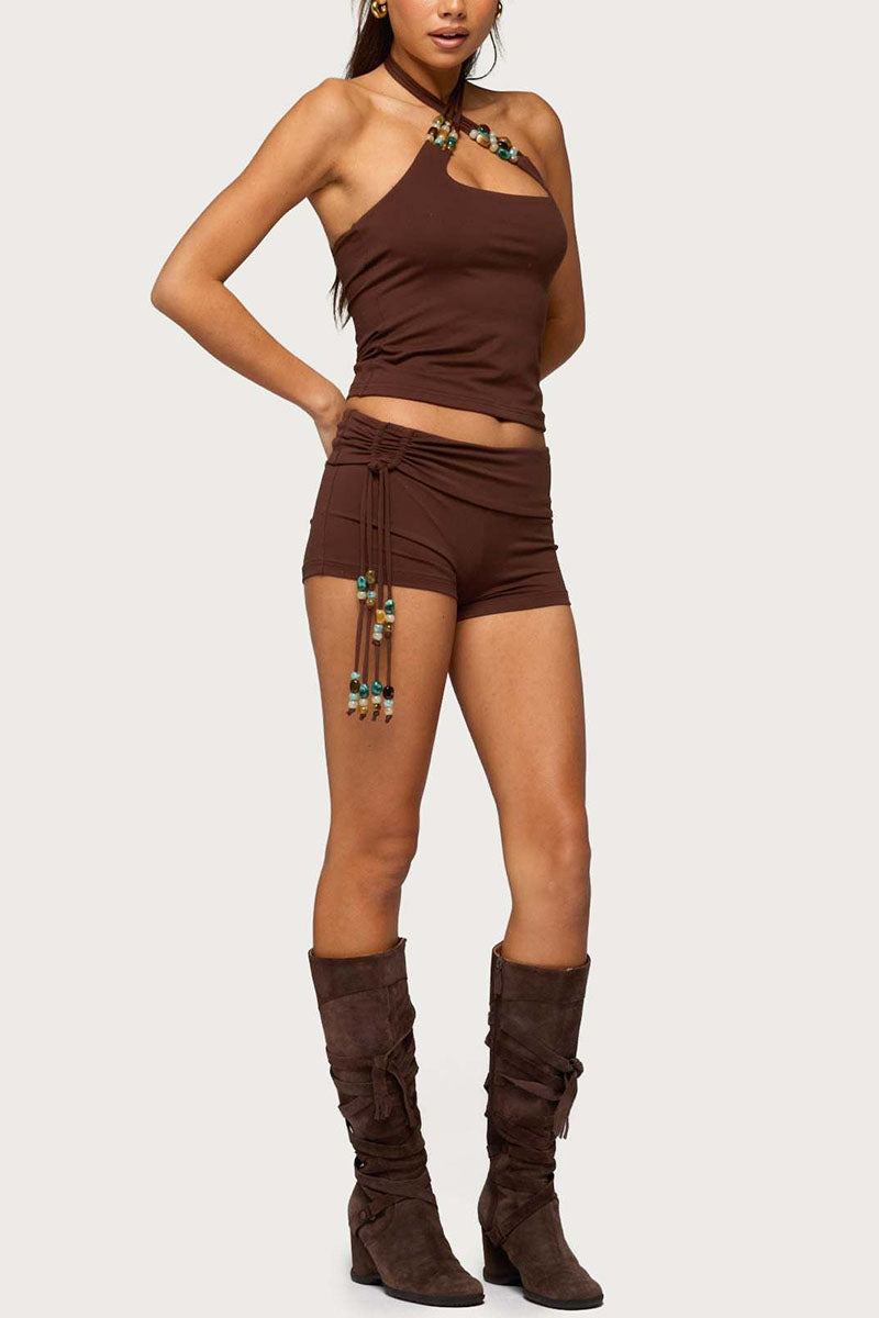 Beaded Halter Pleated Short Set