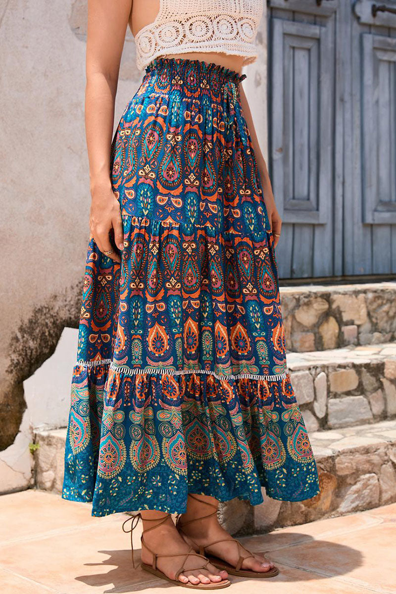 Boho Print Elastic Waist Midi Skirt