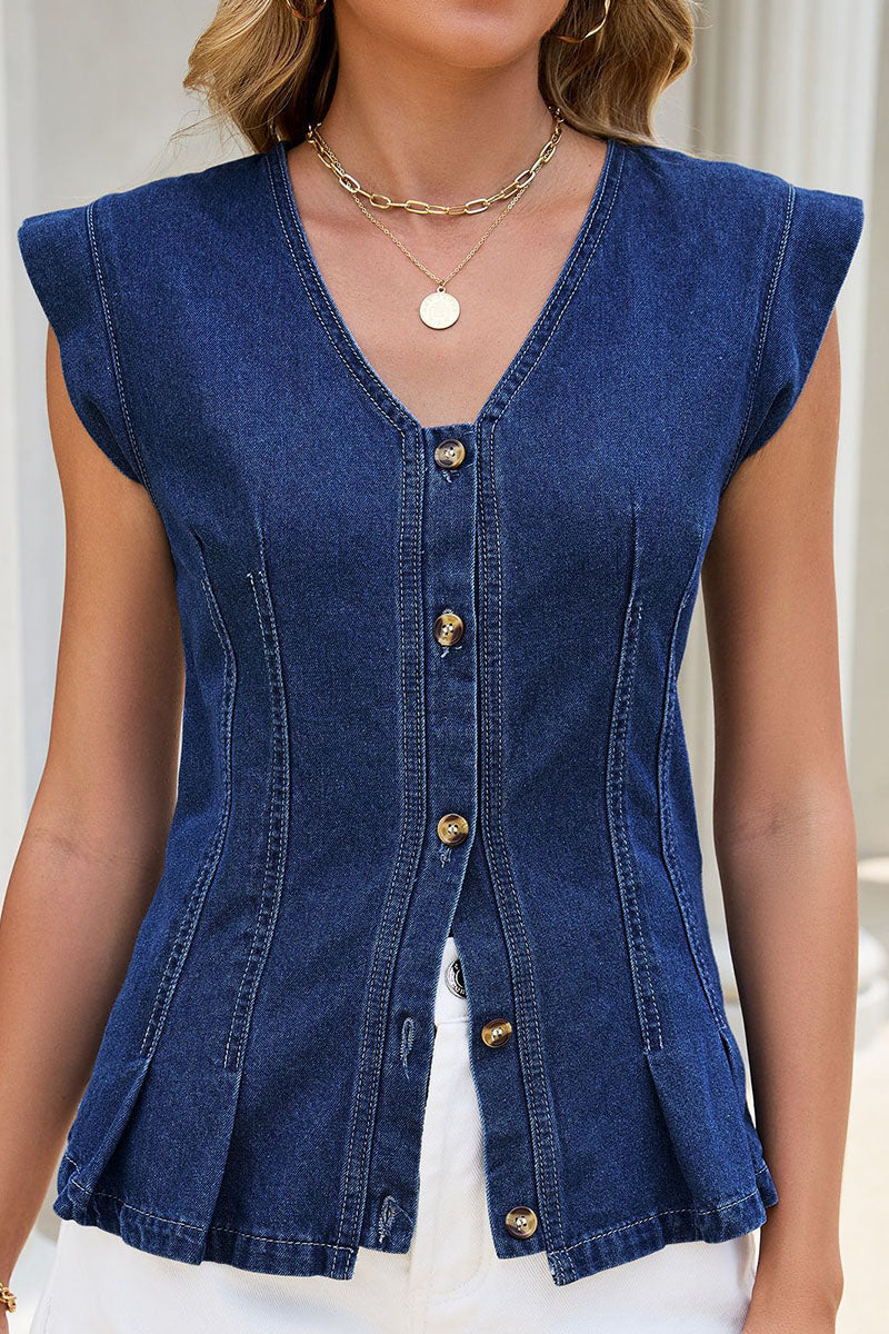 Button V-Neck Denim Vest