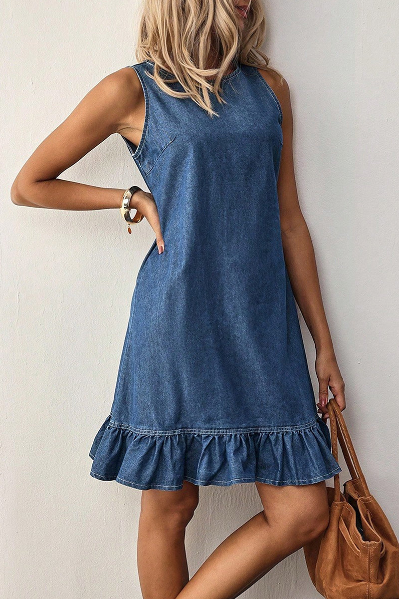 Button-Back Ruffle Hem Denim Dress