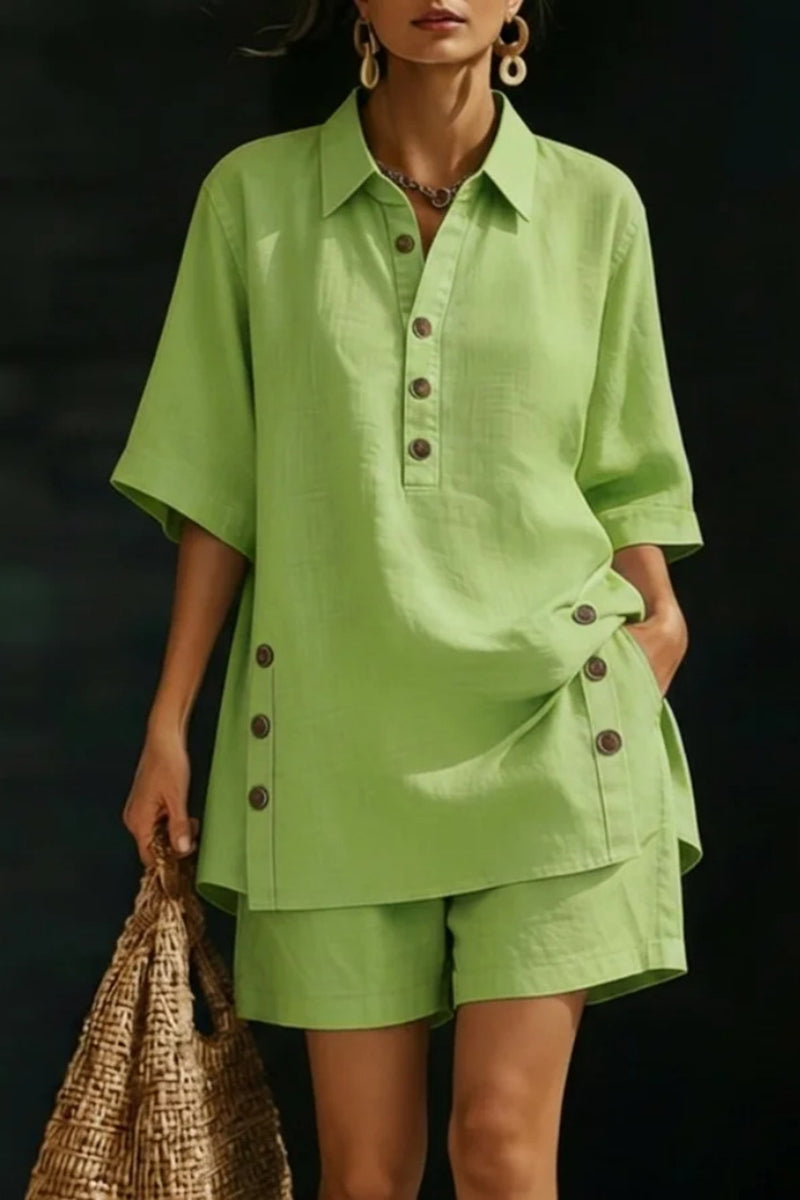 Button-Detail Relaxed Fit Shirt and Shorts Set