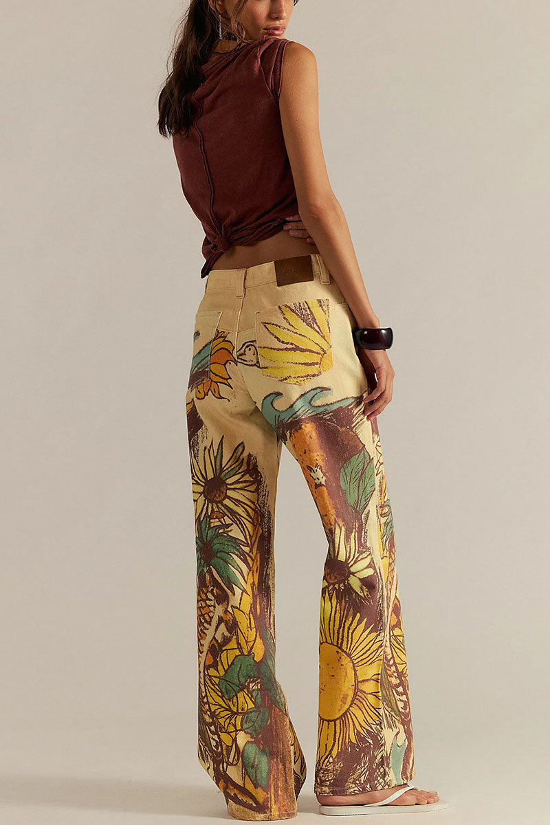 Animal Floral Print Straight Jeans
