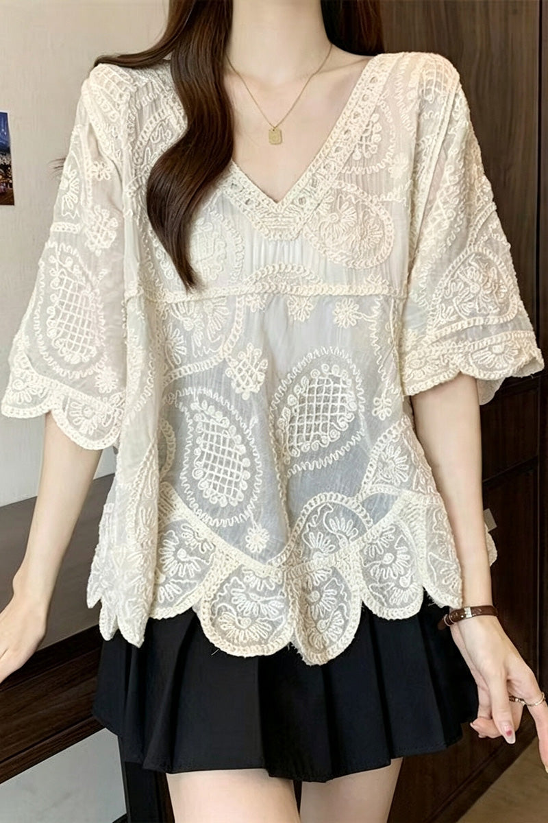 Boho V-Neck Scalloped Bell Sleeve Top