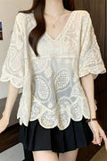 Boho V-Neck Scalloped Bell Sleeve Top