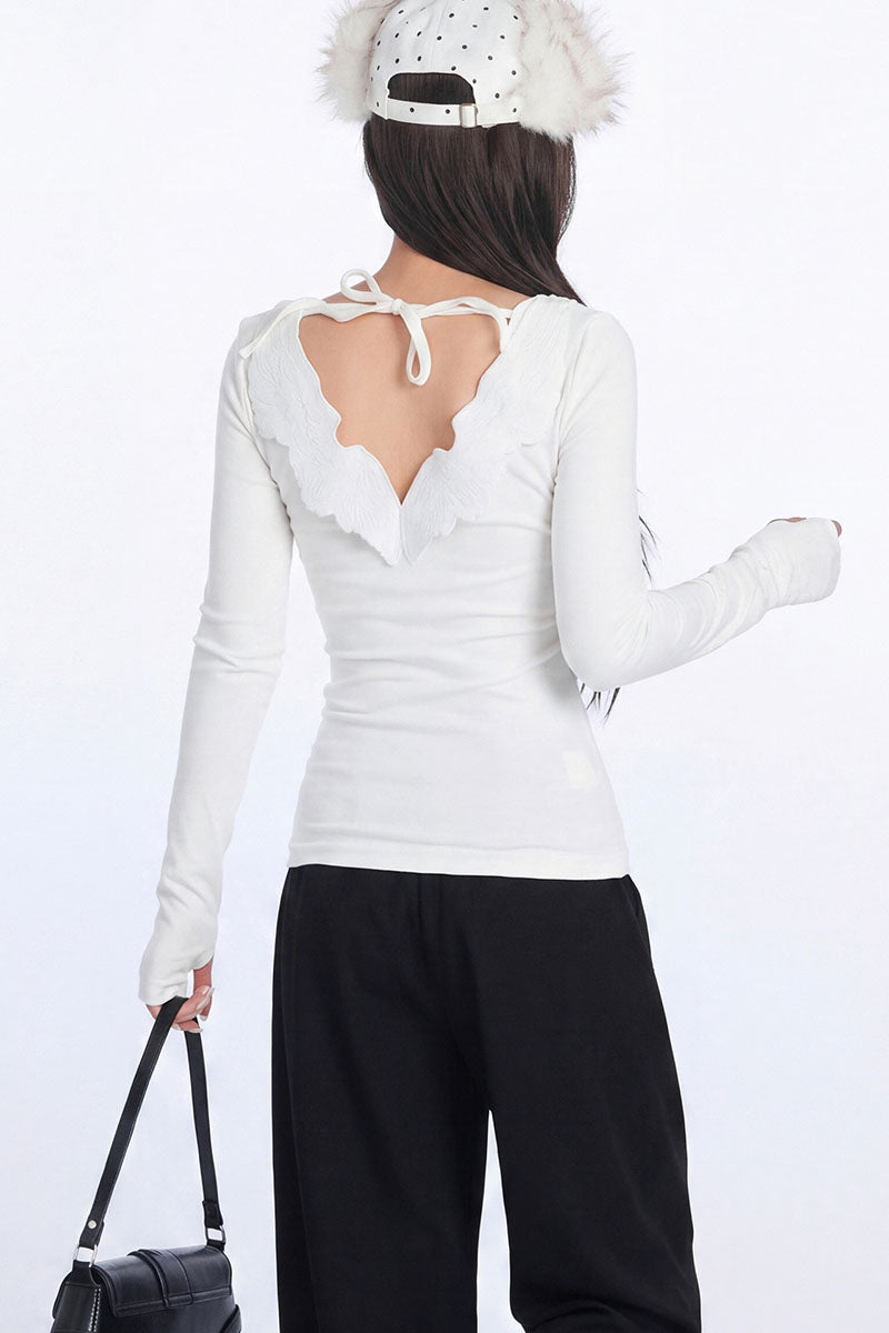 Angel Wing Cutout Tie Back Long Sleeve Top