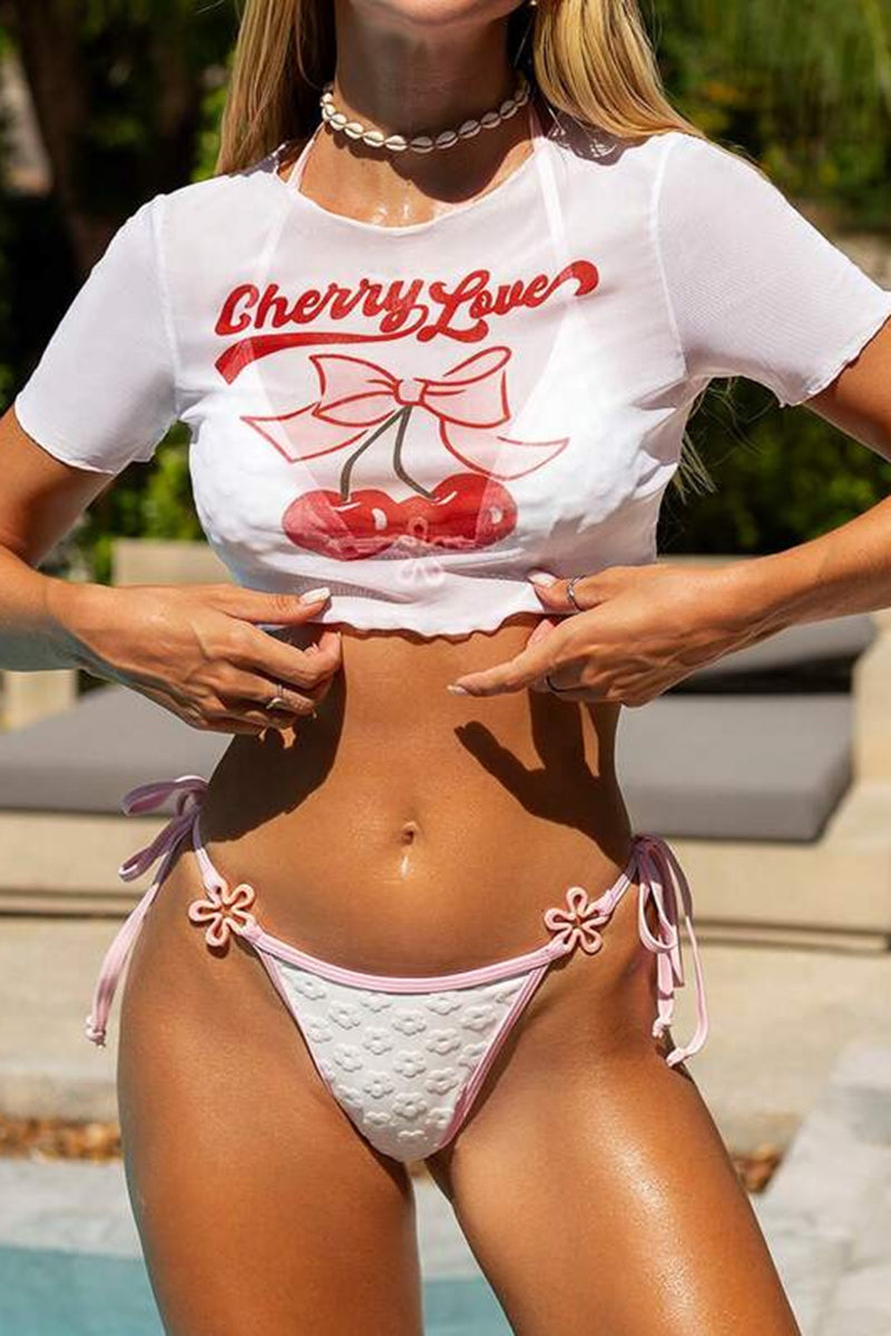 Bikini Set with Cherry Sheer Top