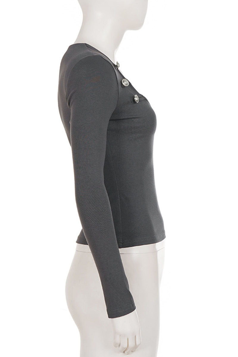 Button Square Neck Long Sleeve Blouse