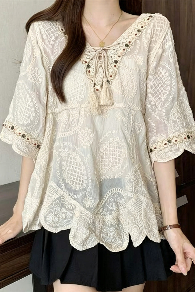 Boho Beaded Tie-Front Bell Sleeve Top