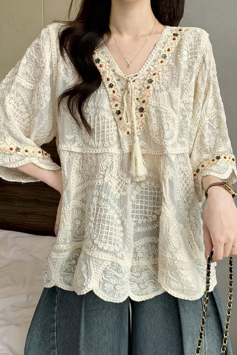 Boho Beaded Tie-Front Bell Sleeve Top