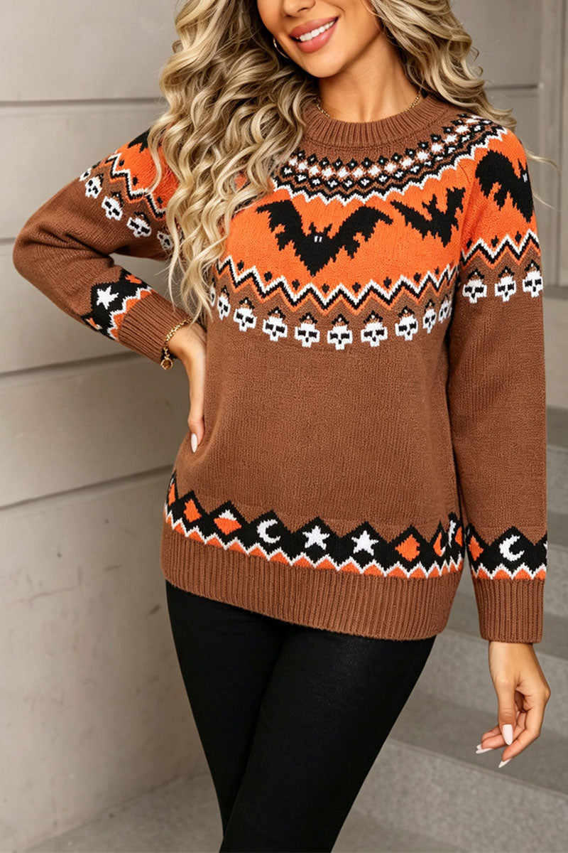 Bat Print Crew Neck Knit Sweater