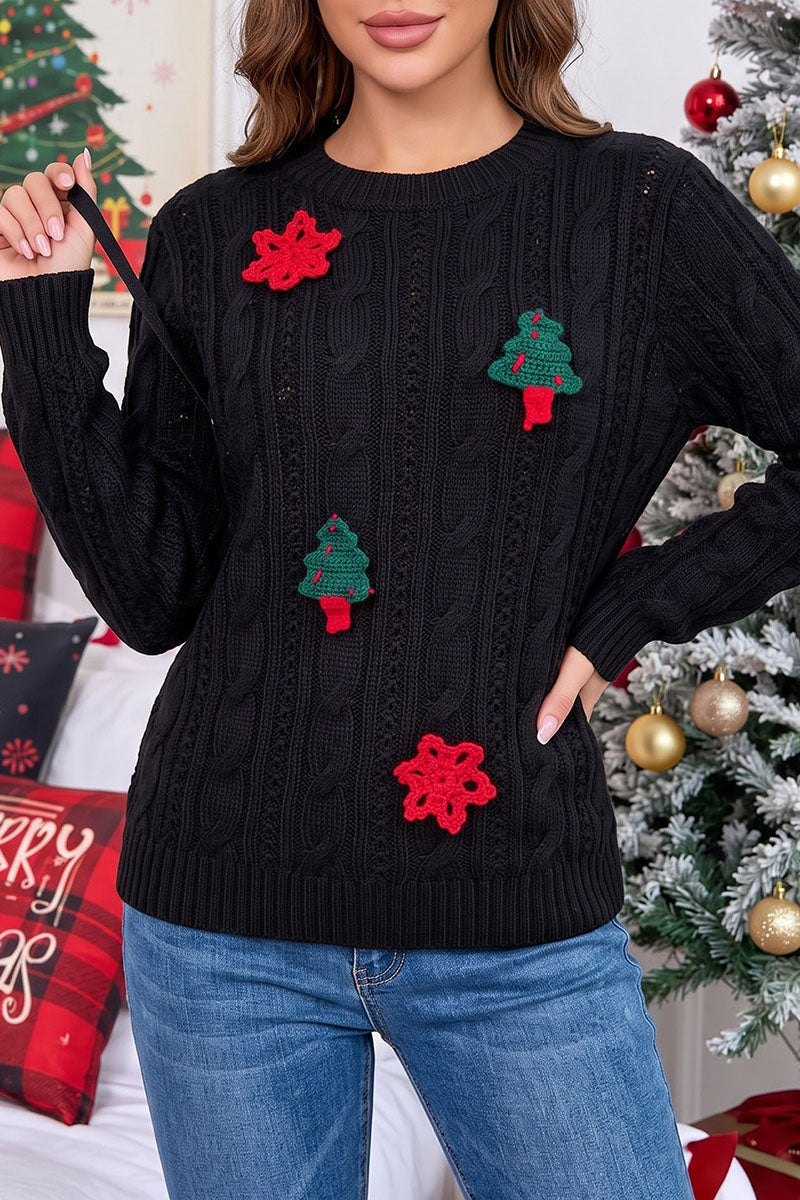 Applique Cable Knit Crew Neck Sweater