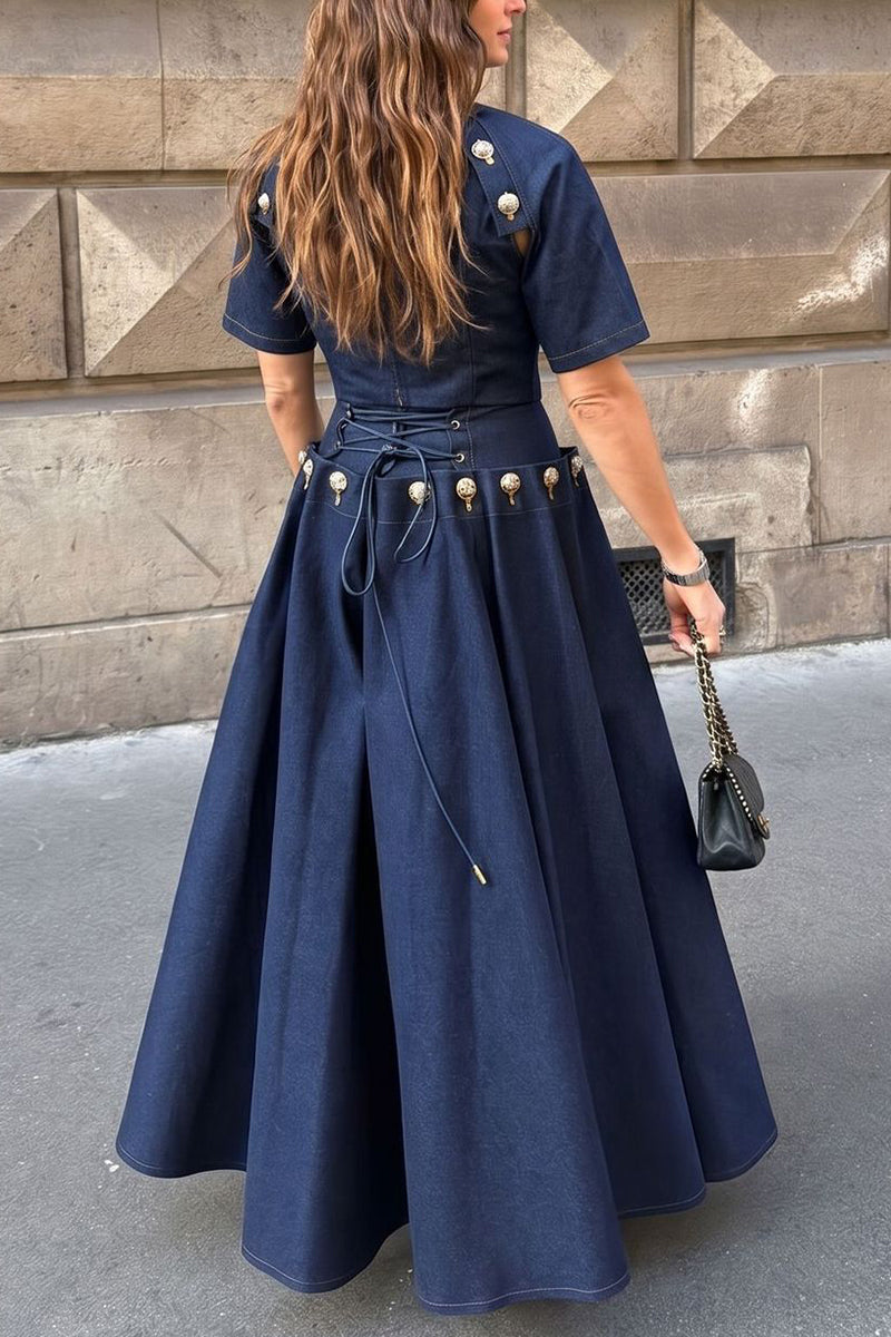 Button-Detail Short Sleeve Skirt Set