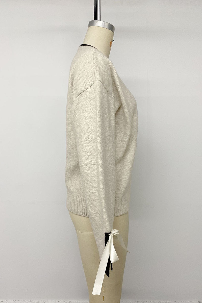Bow Tie Cuff Crew Neck Knit Sweater
