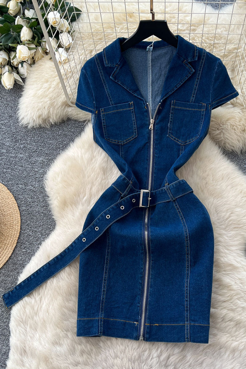 Belted Zip Front Denim Dress