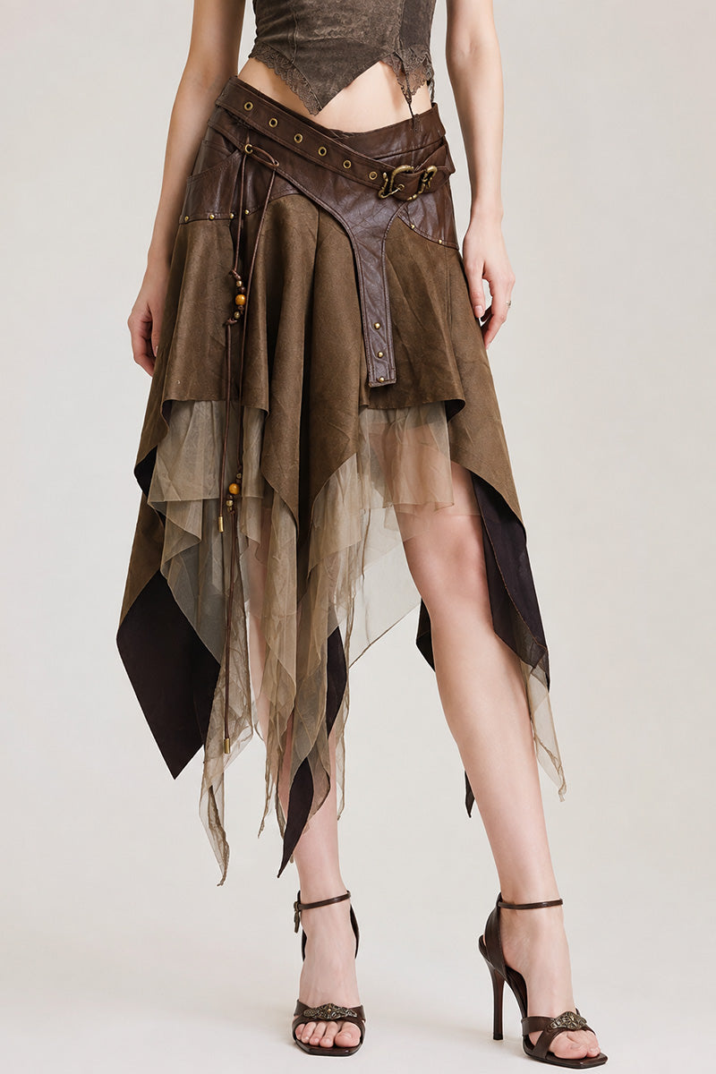 Belted Asymmetric Layered Mesh Midi Skirt