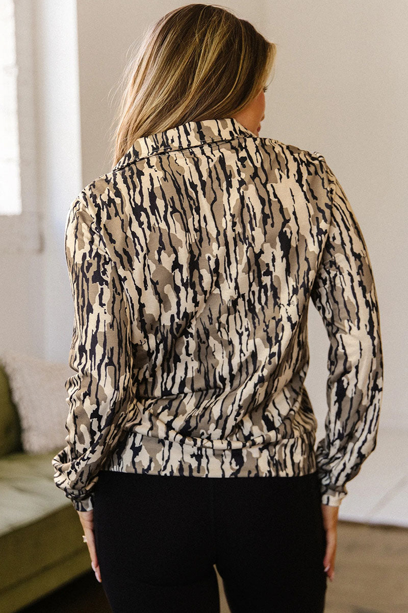 Animal Print Zip Neck Long Sleeve Blouse